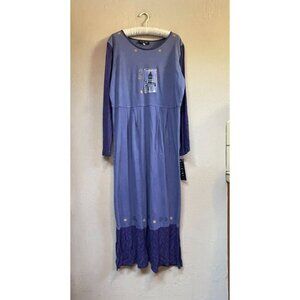 Fenini Womens Large Long Sleeve Maxi Dress Embroidered Castle Cotton Blue New